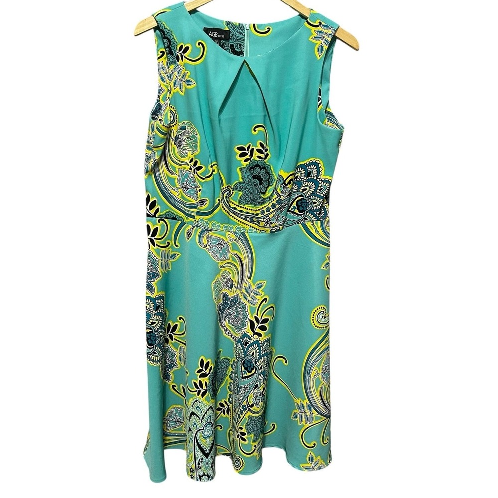 AGB Women Boho‎ Retro Paisley Fit Flare Dress 14 Teal Sleeveless Keyhole Neck